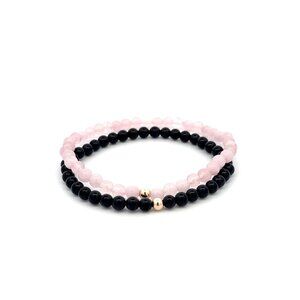 Onyx & Rose Quartz Gemstone Stretch Bracelet with 14K Gold Accent Bead Handmade